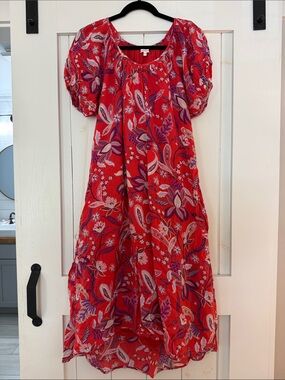 Sundry Red Floral Puff-Sleeve Midi Dress